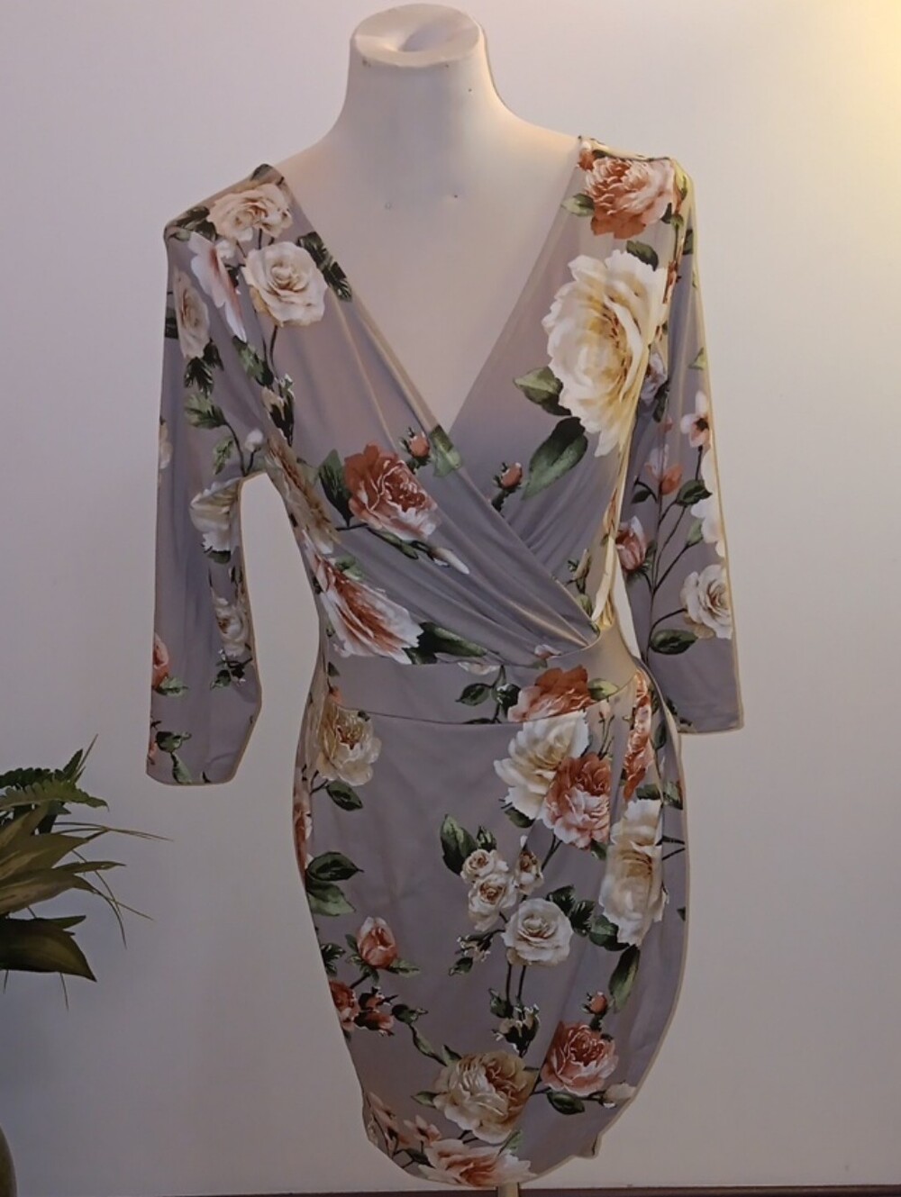 iris Taupe Floral Wrap Dress with Cream and Green Roses